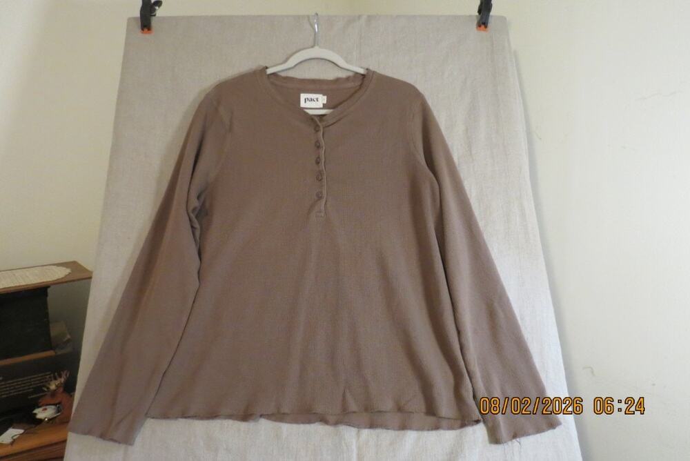 PACT 100% Organic Cotton Waffle Knit Henley Men's XLarge Brown